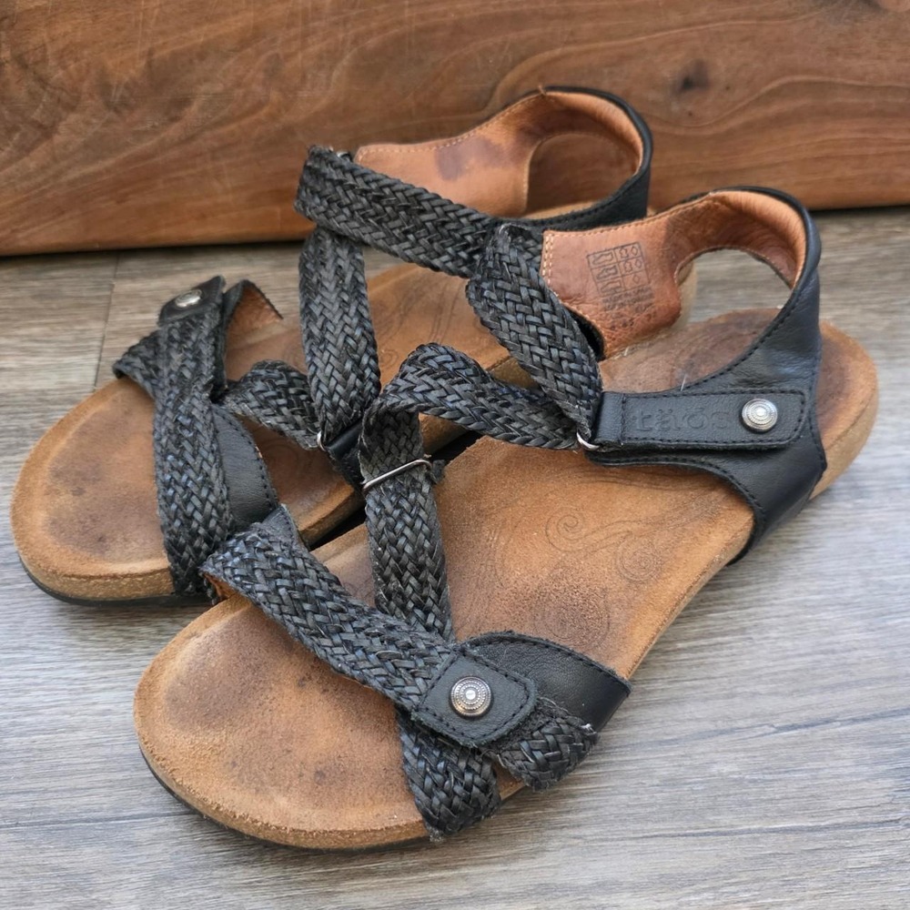 Taos Black Leather Woven Comfort Wedge Sandals Womens 6-6.5 EU 37 Spain